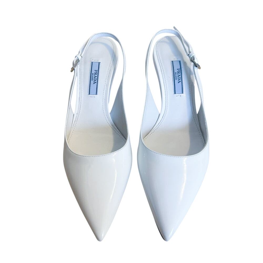 Prada White Patent Leather Slingback Pointed Toe Pumps Red Logo Heel 36.5
